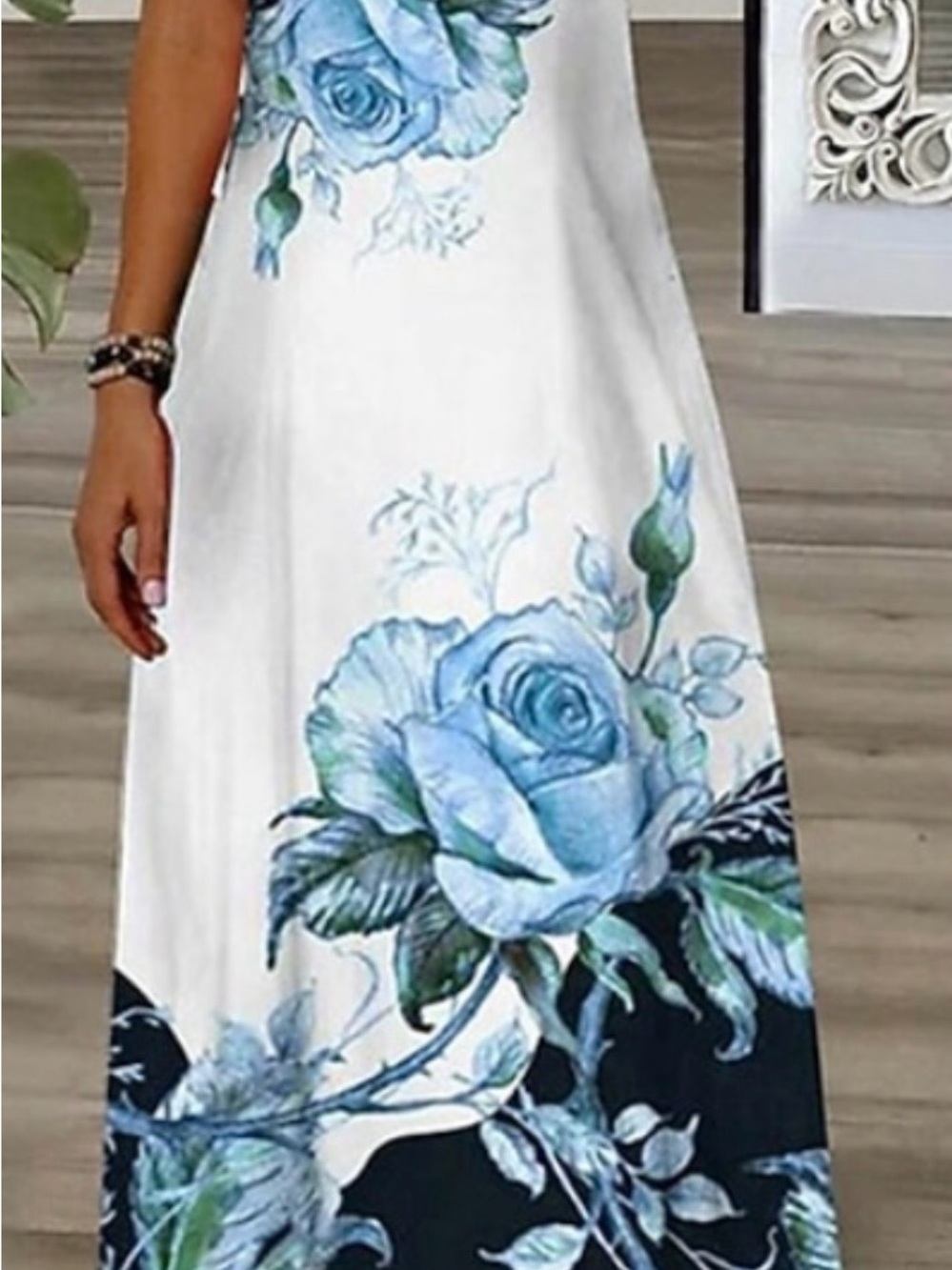 White Maxi Dress with Blue Rose Print SZ S